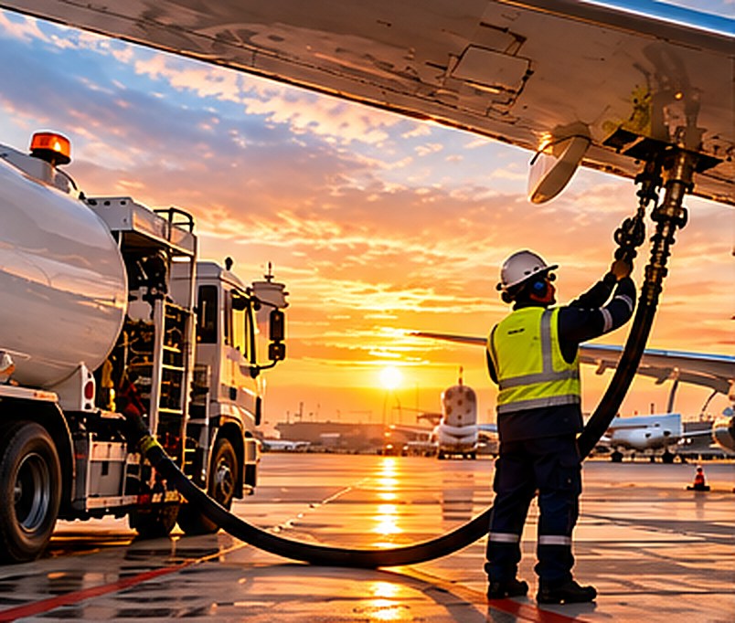 Aircraft refuelling operation at sunset