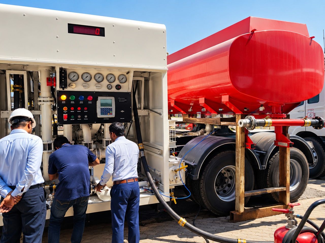 Technical personnel assessing aircraft refuelling equipment in the field